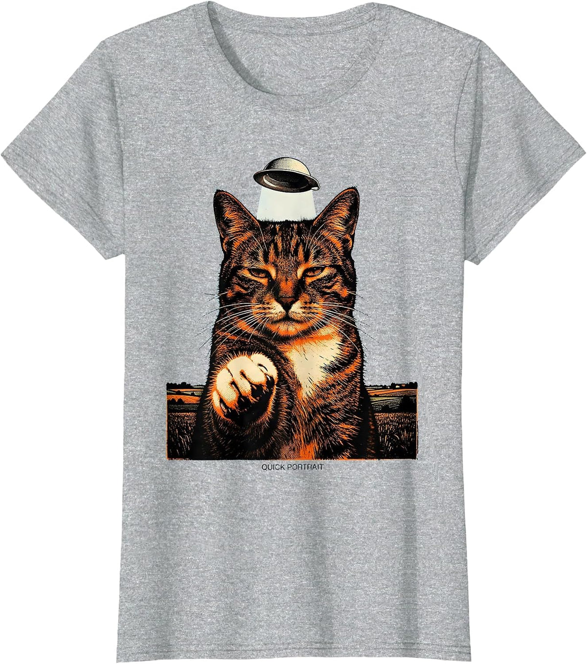 Quick Portrait Funny Cat UFO Alien Abduction Cat Lover Gift T-Shirt - Heather Grey