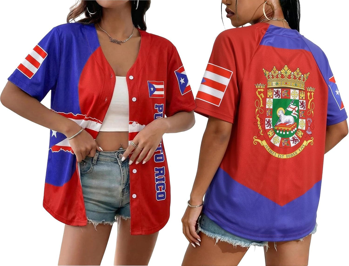 Baseball Jersey Women Vintage Tees Button Down Short Sleeve Tops - Red-p