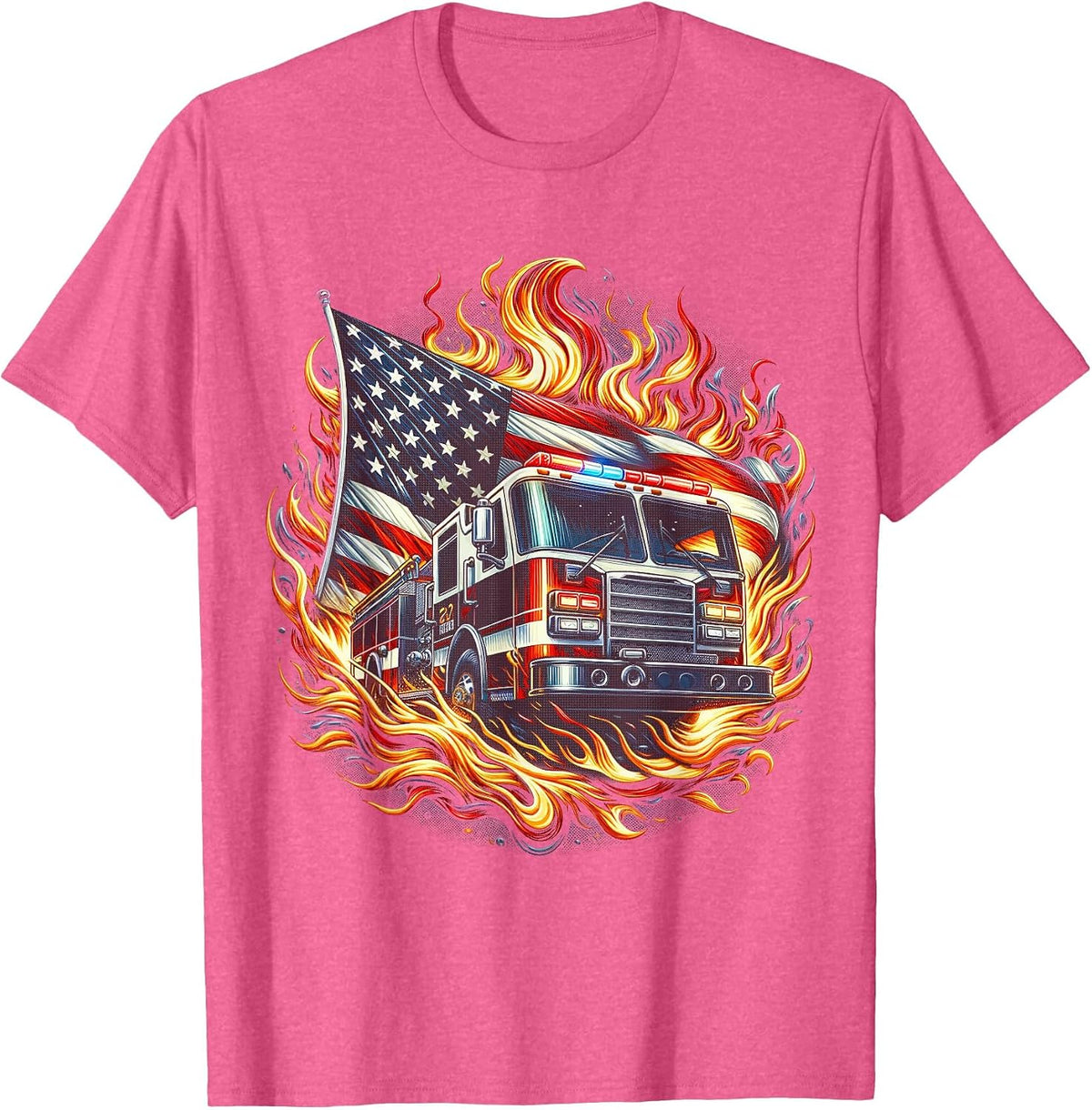 Firefighter Patriotic Fire Truck Fireman American Flag T-Shirt - Pink Heather