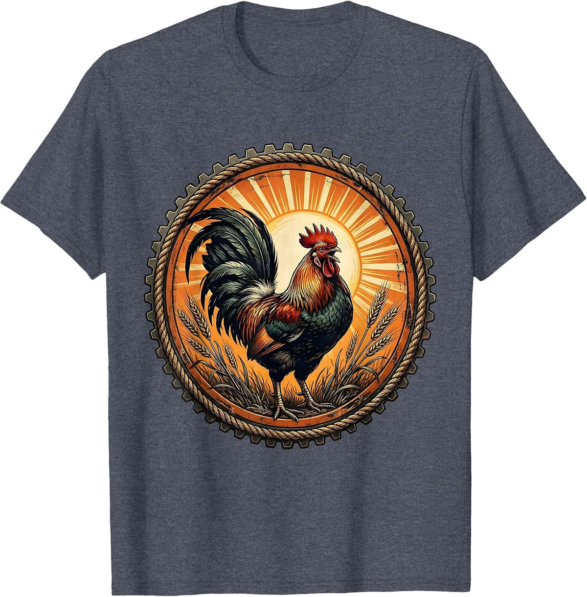 Rooster Crowing at Blazing Sunrise Illustration T-Shirt - Heather Blue