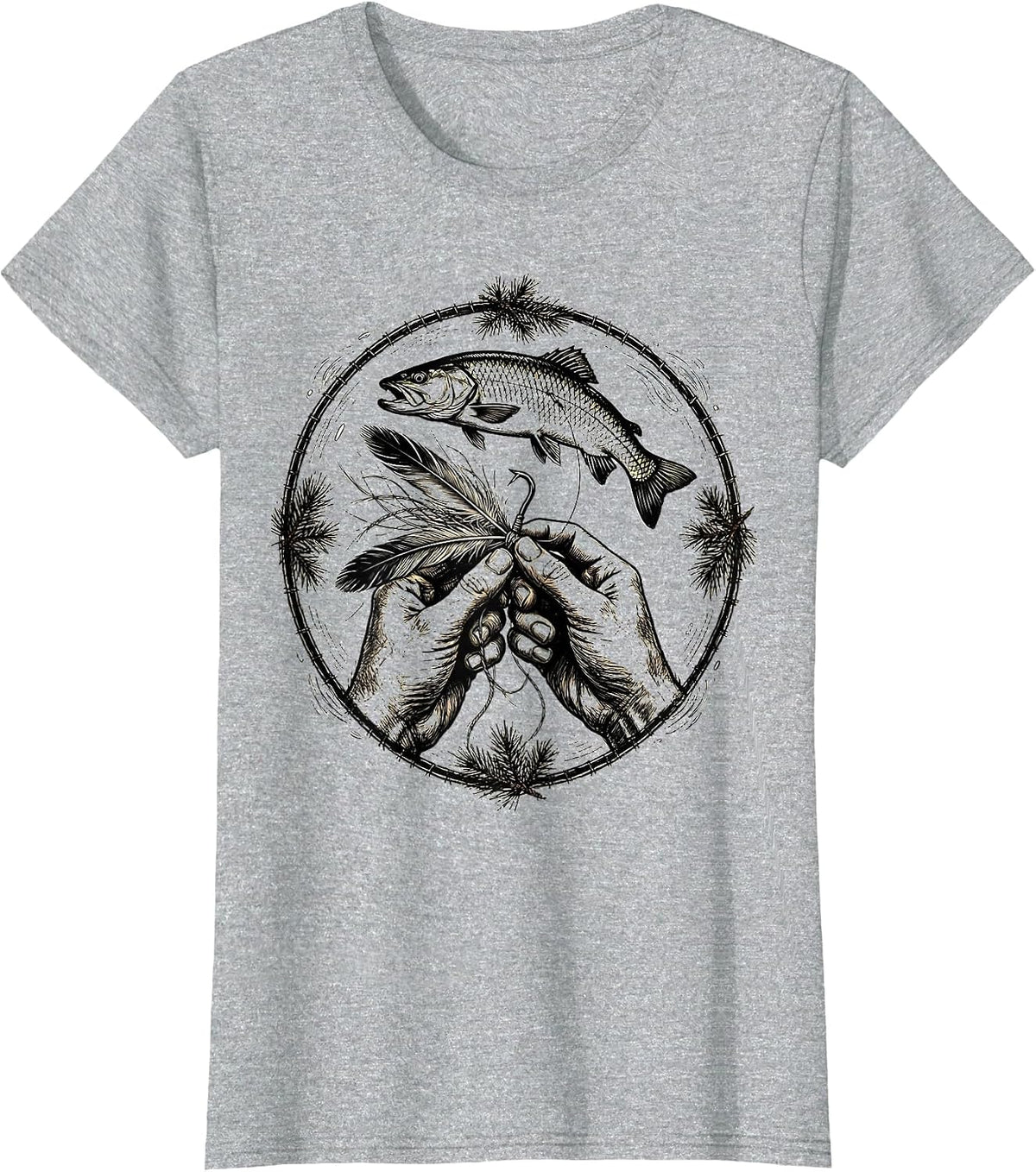 Fly Tying Weathered Hands Trout Fishing Illustration T-Shirt - Heather Grey