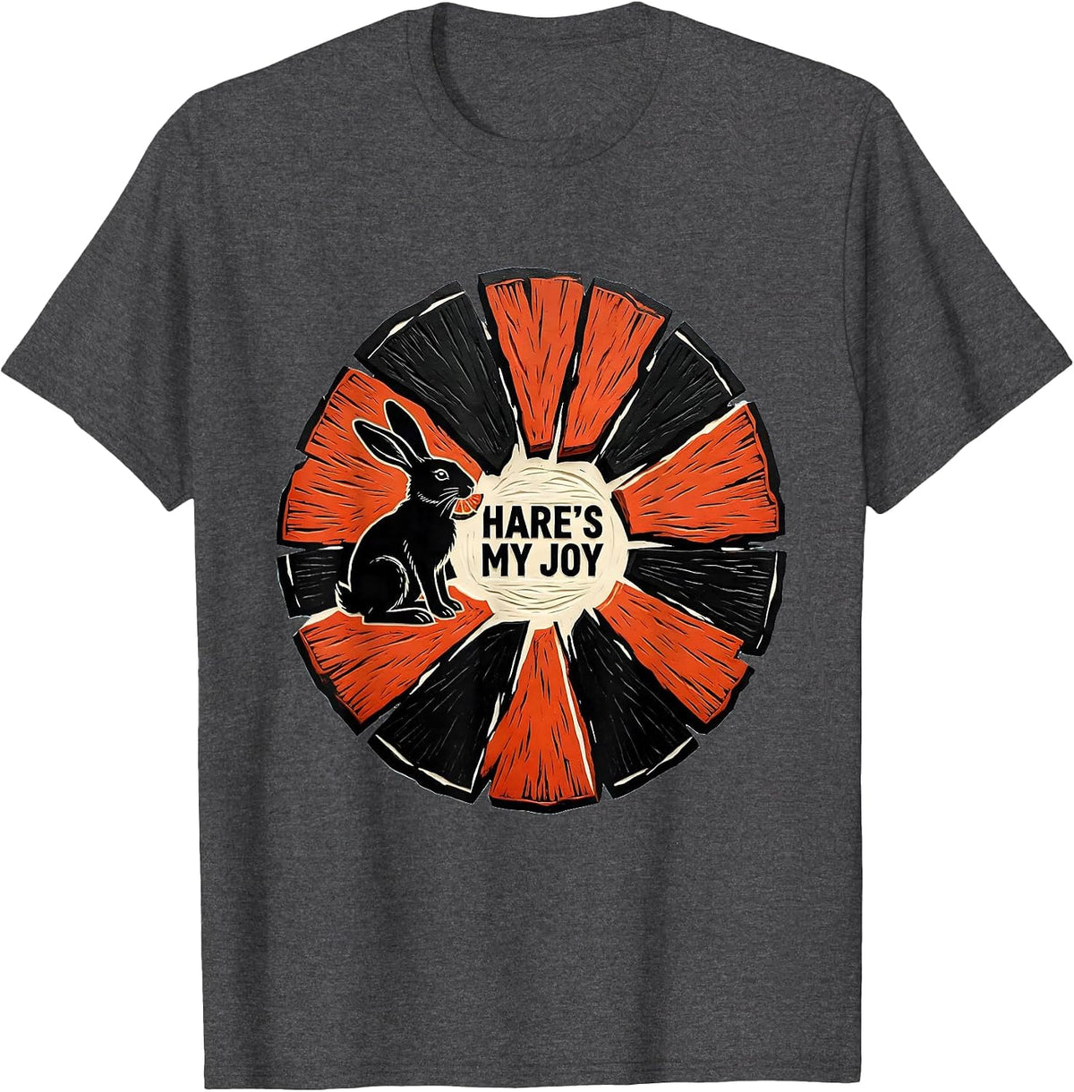Hare's My Joy Funny Bunny Lover Linocut Animal Humor T-Shirt - Dark Heather Grey