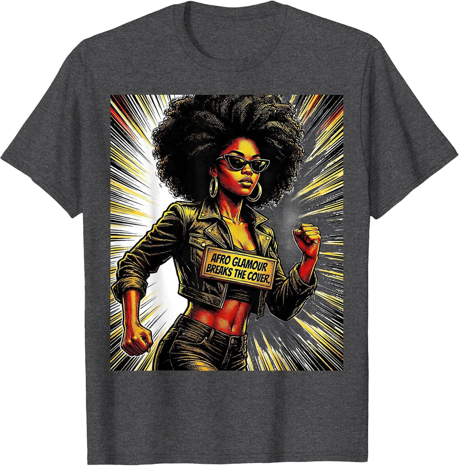 Men's Afro Glamour Breaks The Cover Comic Book Black Women Pride T-Shirt - Dark Heather Grey