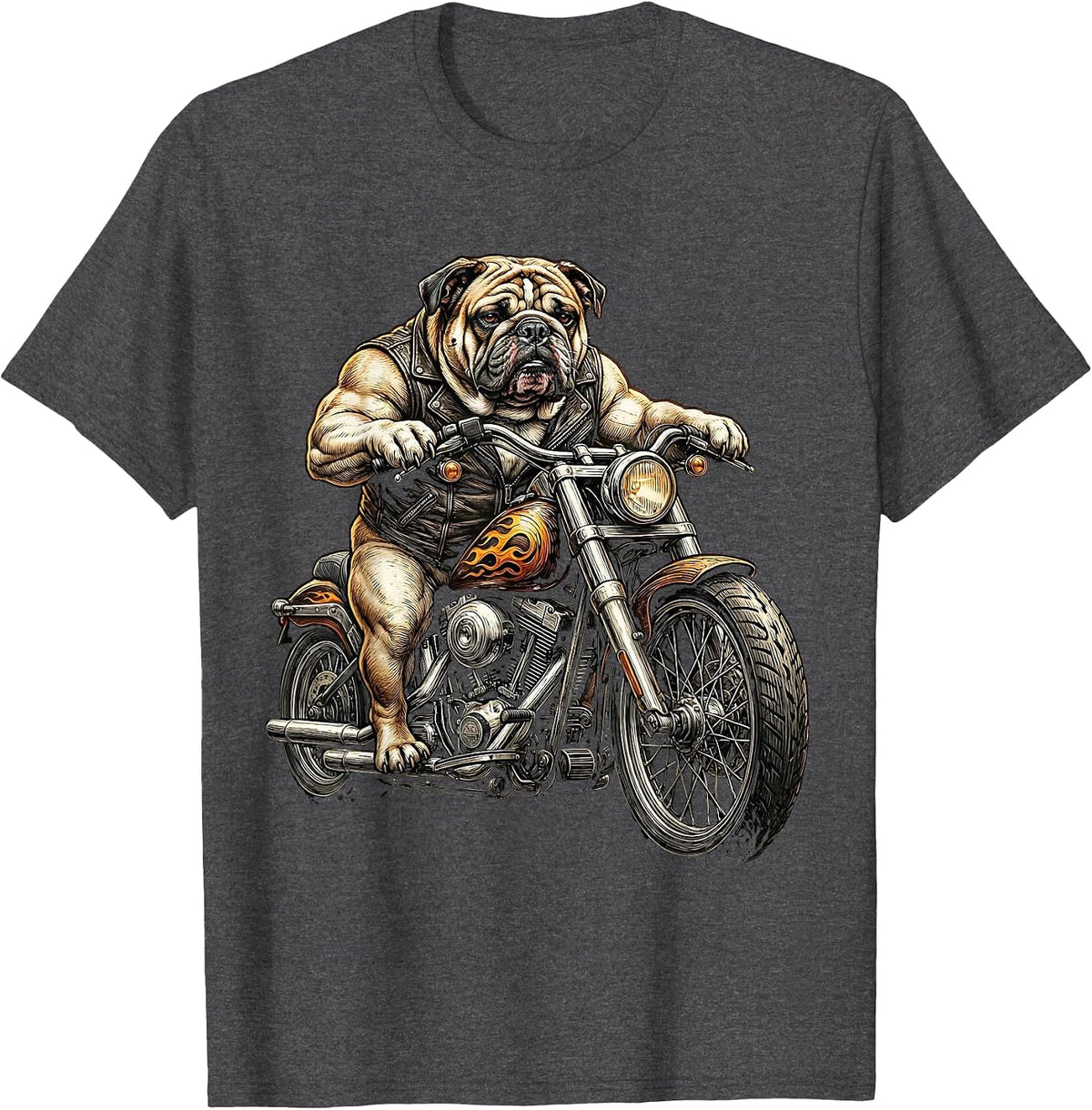Bulldog Chopper Motorcycle Rider Graphic Tee T-Shirt - Dark Heather Grey