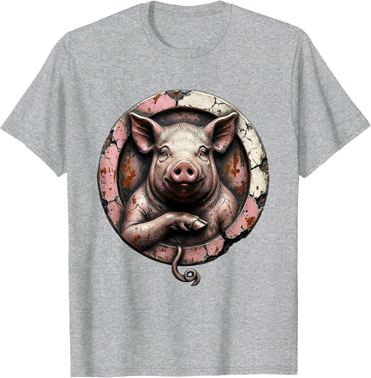 Men's Distressed Pig Badge Farm Animal Lover Humor T-Shirt - Heather Grey