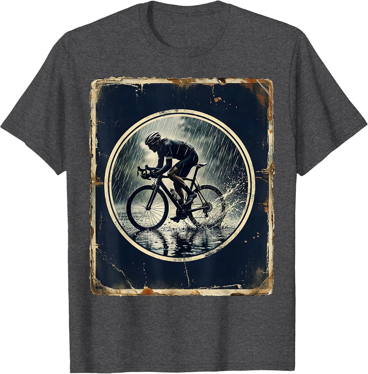 Night Rain Cyclist Racing Through Storm T-Shirt - Dark Heather Grey