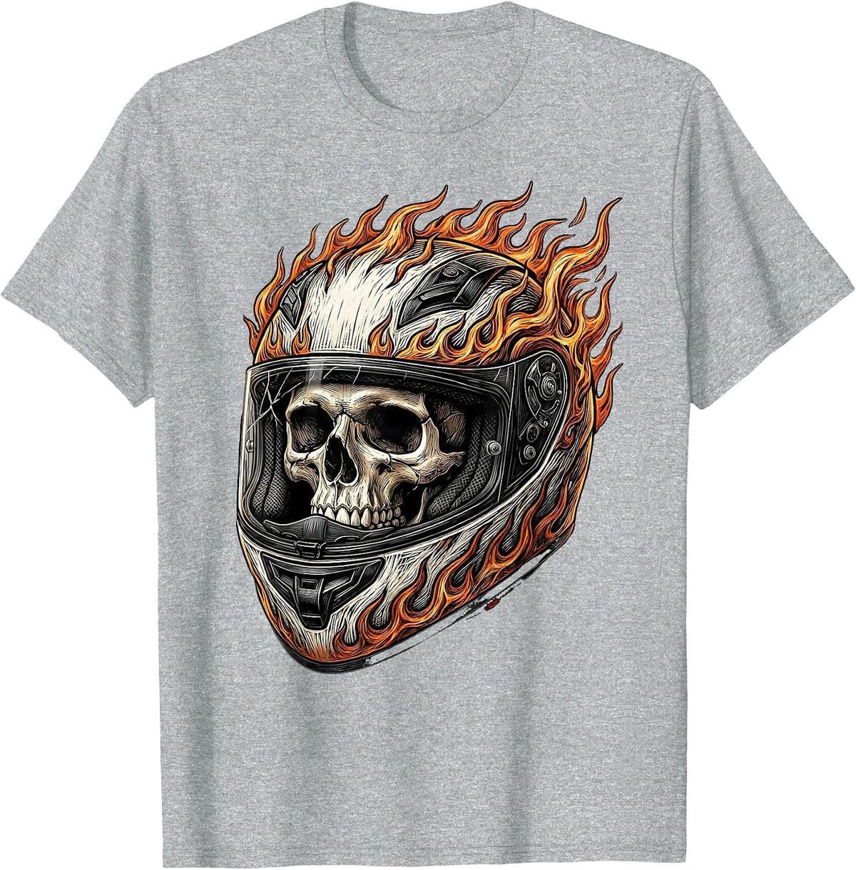 Men's Skull Motorcycle Helmet Flames Biker Graphic T-Shirt - Heather Grey