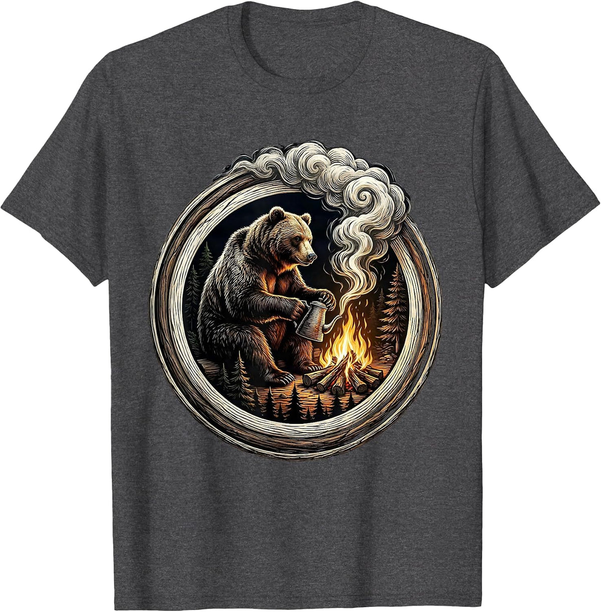 Men's Bear Campfire Coffee Wilderness Illustration T-Shirt - Dark Heather Grey