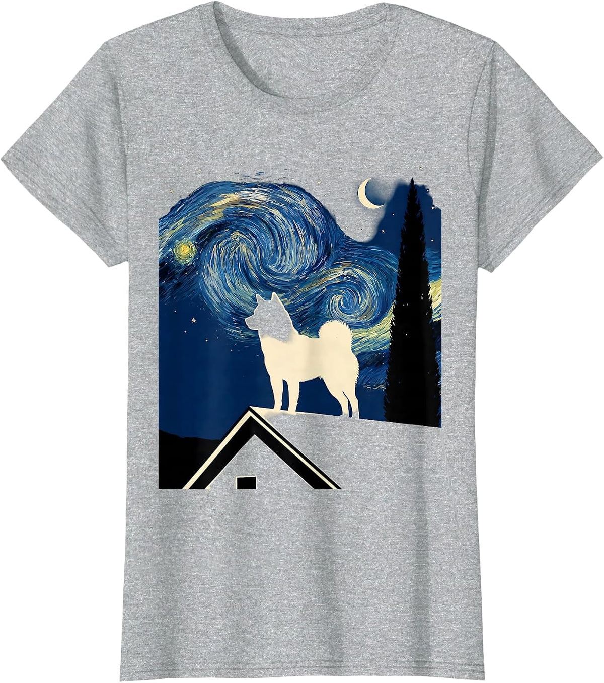 Shiba Inu Silhouette Van Gogh Starry Night Dog Lover Novelty T-Shirt - Heather Grey