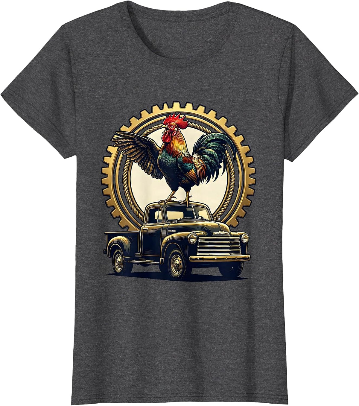 Women's Rooster Crowing Atop Old Pickup Truck T-Shirt - Dark Heather Grey