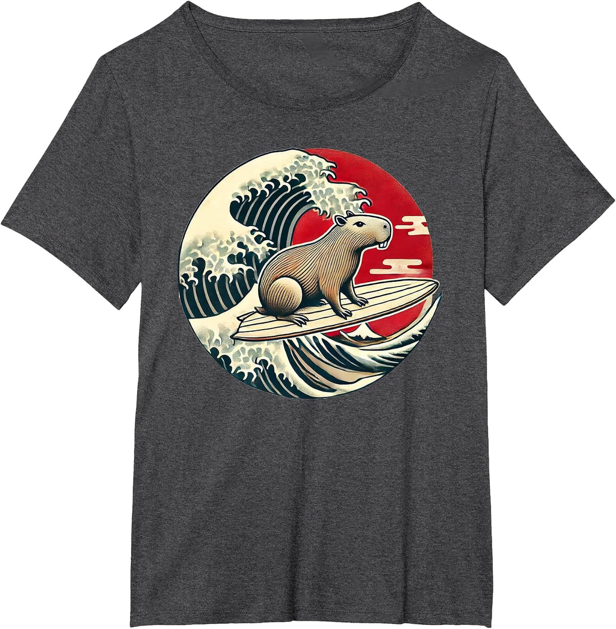 Capybara Japanese Kanagawa Wave Surfing T-Shirt - Dark Heather Grey