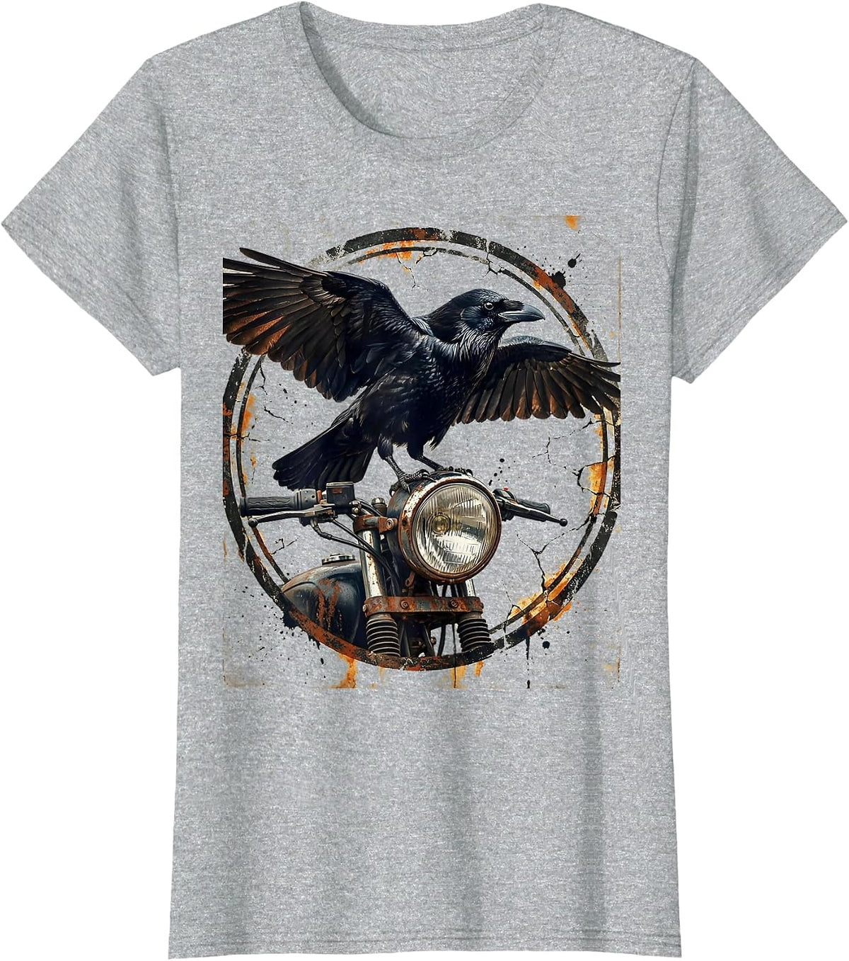 Raven on Rusted Motorcycle Headlight Graphic T-Shirt - Heather Grey