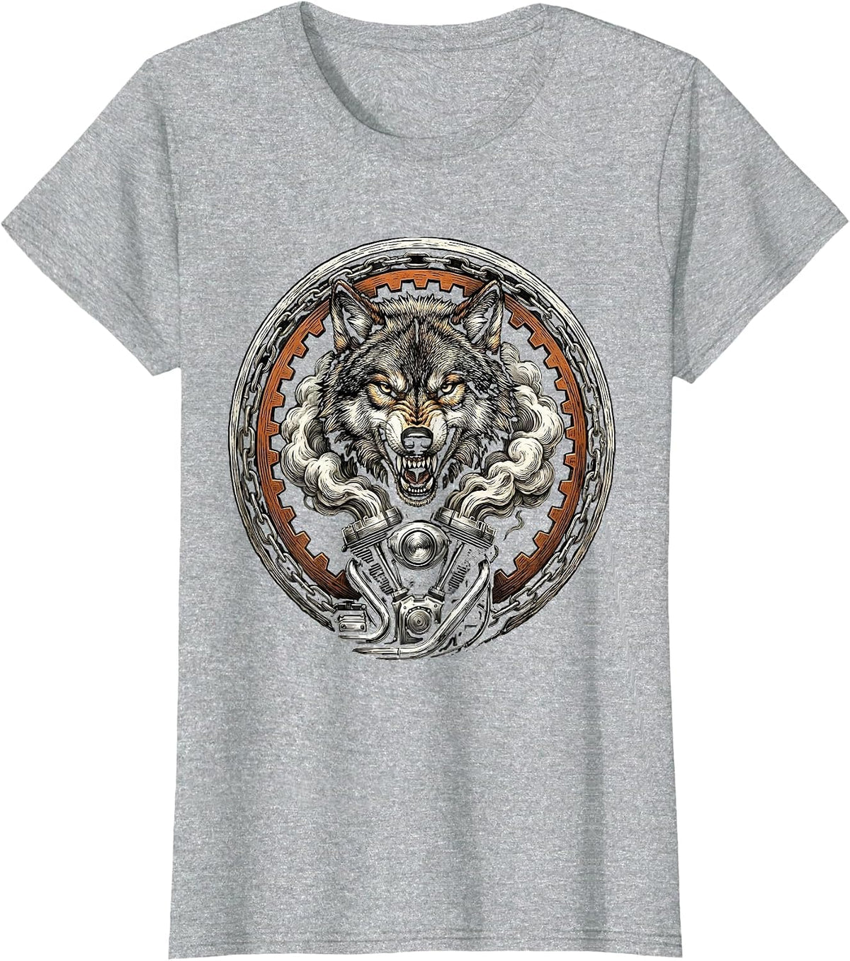 Wolf Head Motorcycle Engine Smoke Biker Graphic T-Shirt - Heather Grey