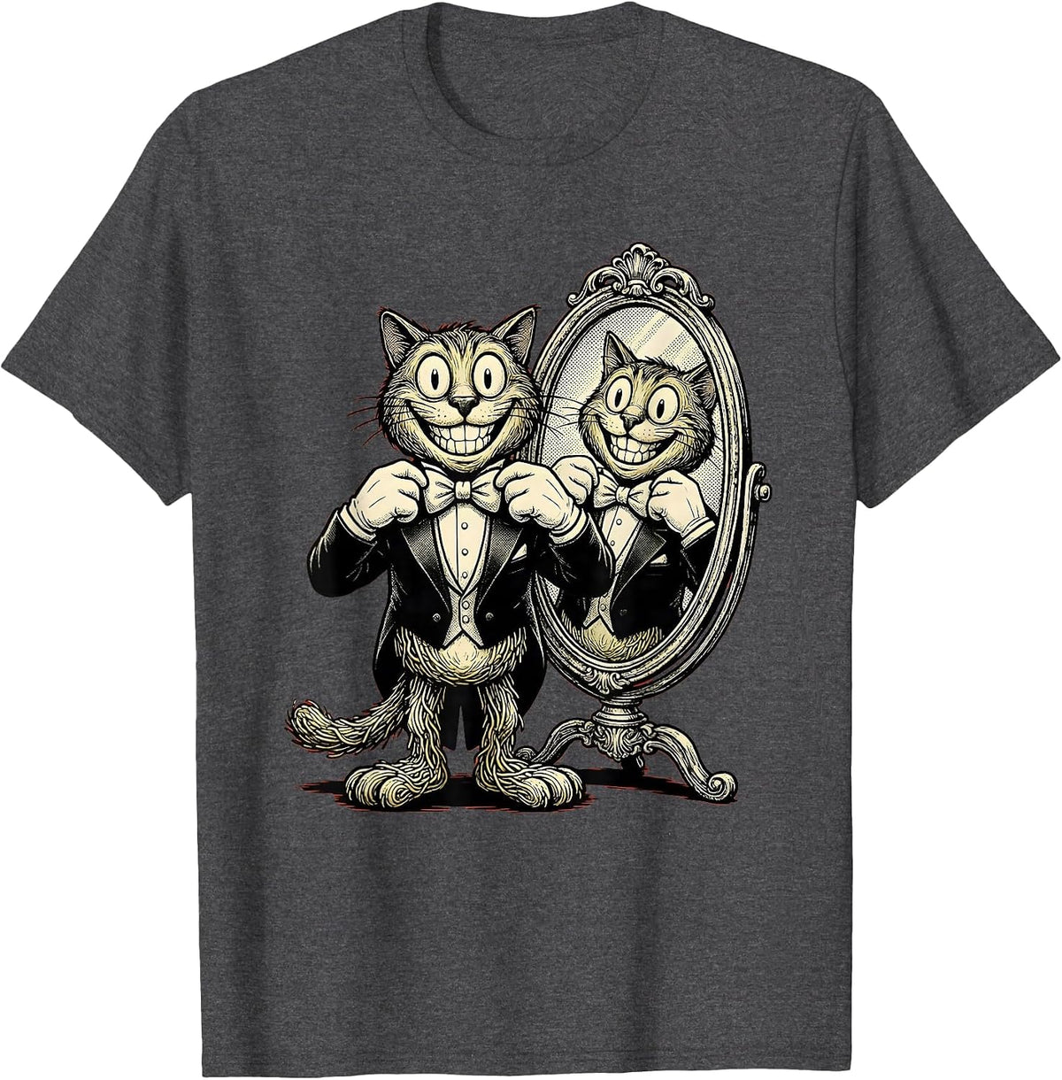 Men's Dapper Cat Adjusting Bow Tie in Mirror T-Shirt - Dark Heather Grey