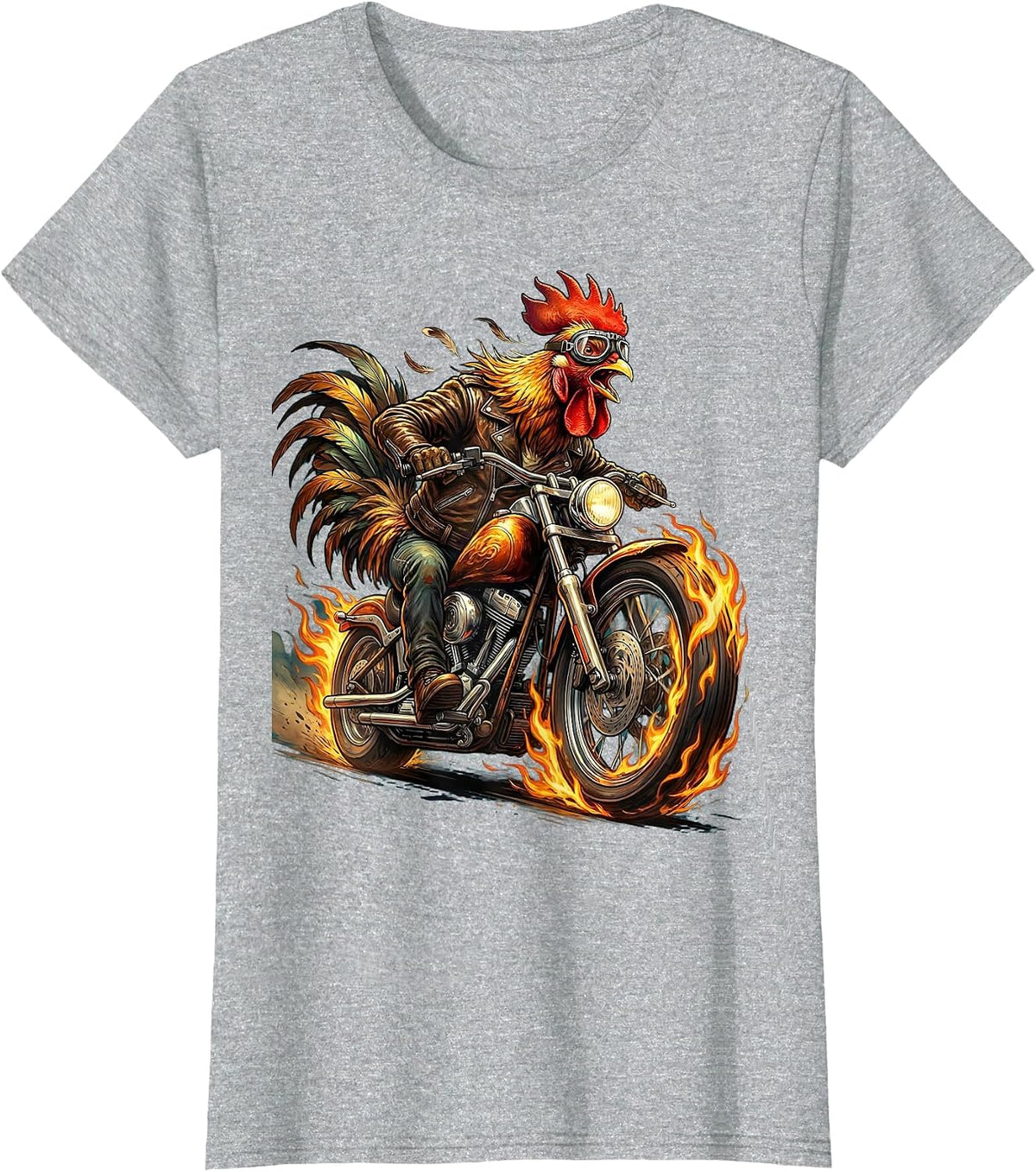 Flaming Motorcycle Chicken Graphic Tee T-Shirt - Heather Grey