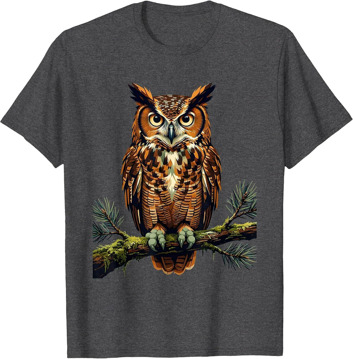 Men's Owl on Mossy Branch Camping Nature Illustration T-Shirt - Dark Heather Grey