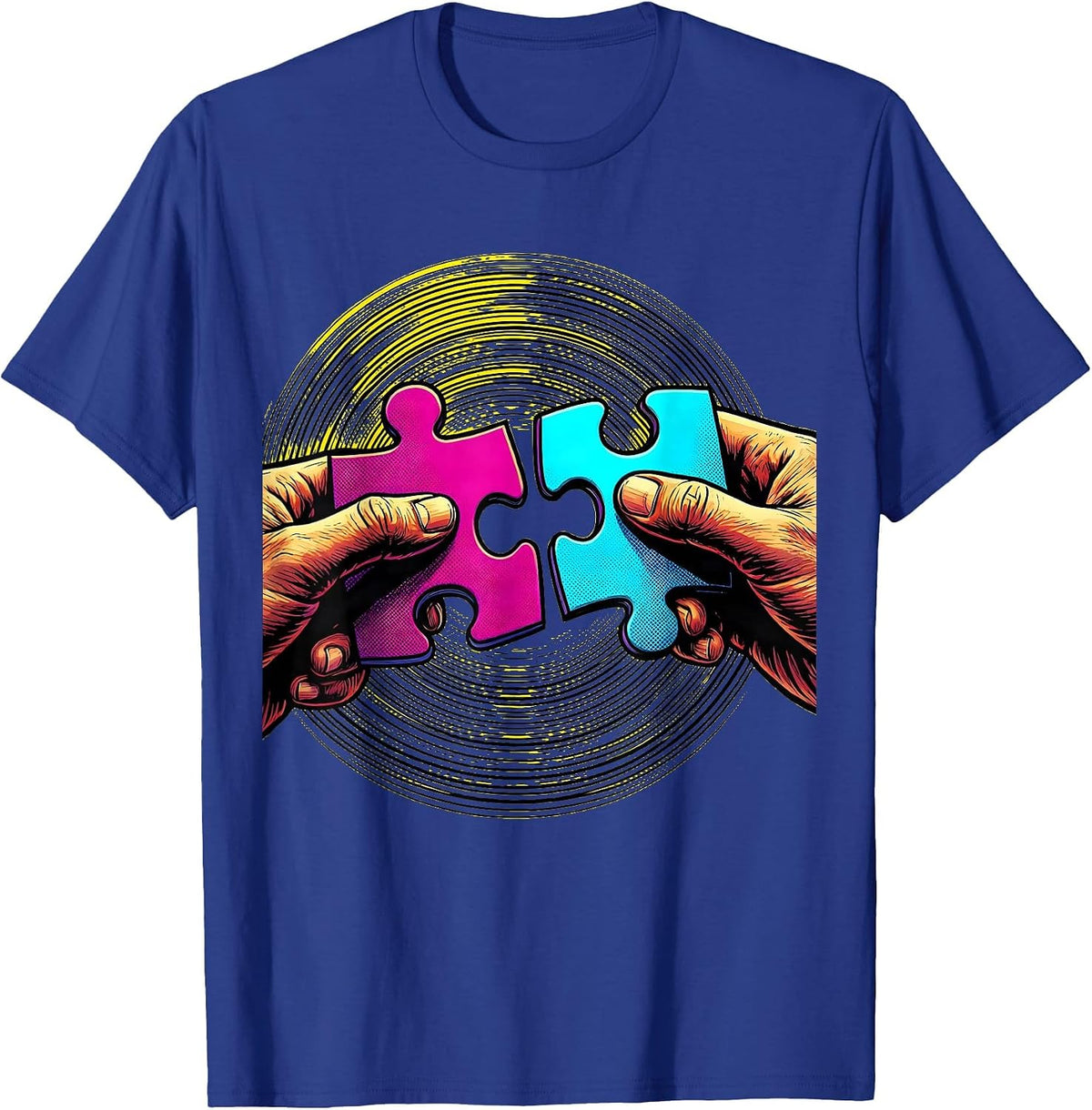Men's Autism Awareness Puzzle Pieces Connecting Hands T-Shirt - Royal Blue