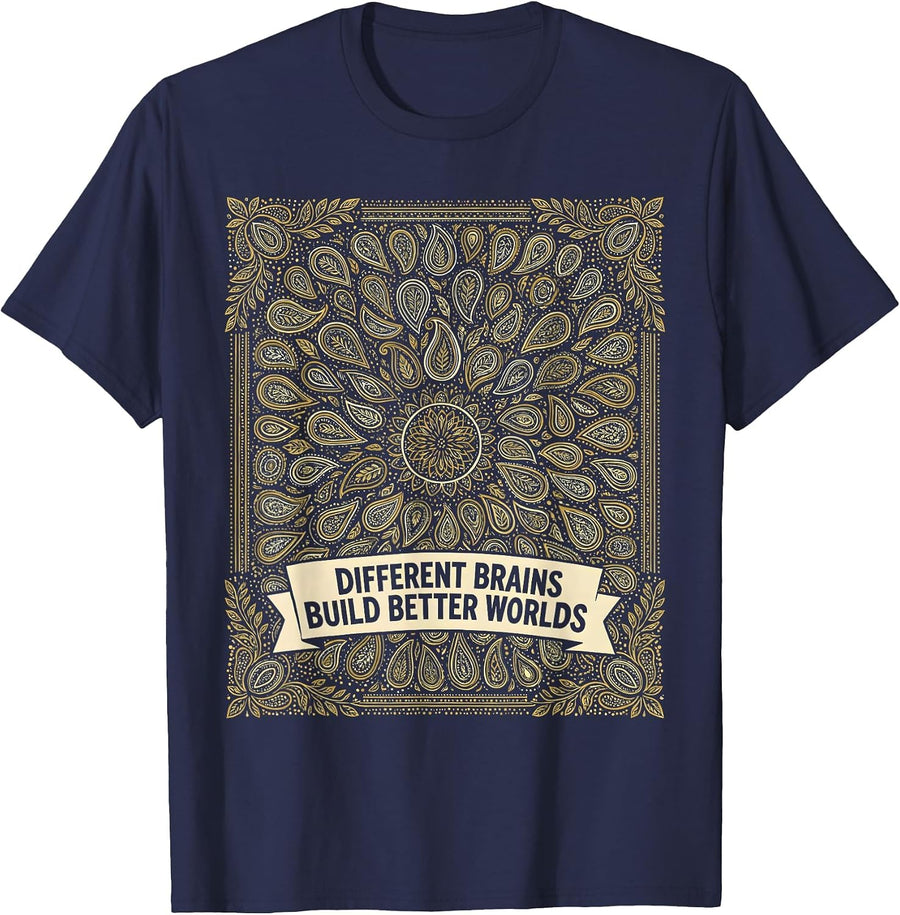 Different Brains Build Better Worlds Autism Design T-Shirt - Navy Blue