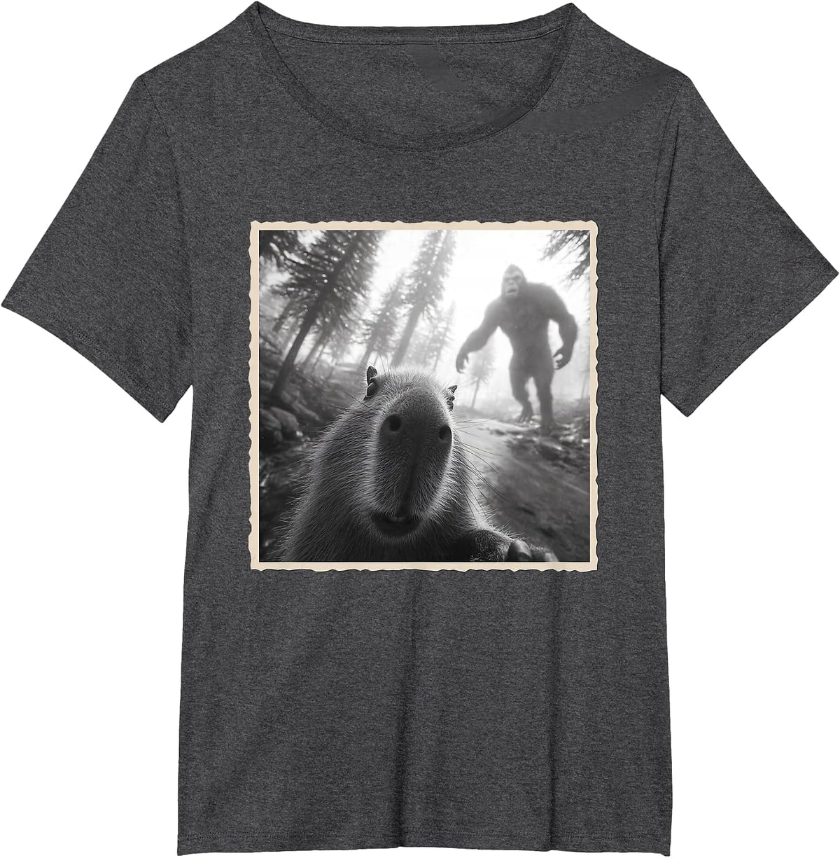 Capybara Scared Selfie with Bigfoot & Funny Sasquatch T-Shirt - Dark Heather Grey