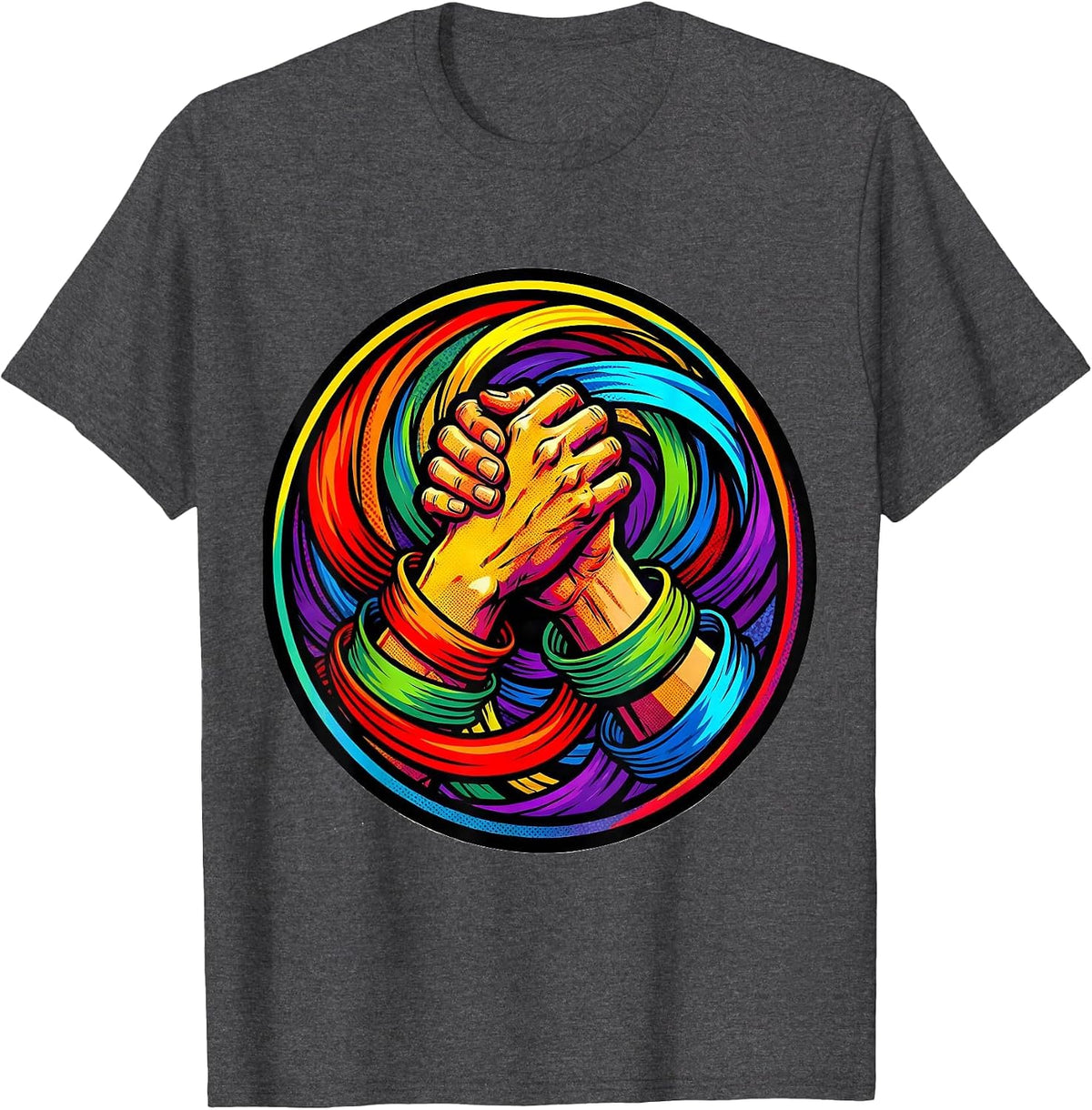 Men's Rainbow Ribbon Hands Gay Pride Graphic T-Shirt - Dark Heather Grey