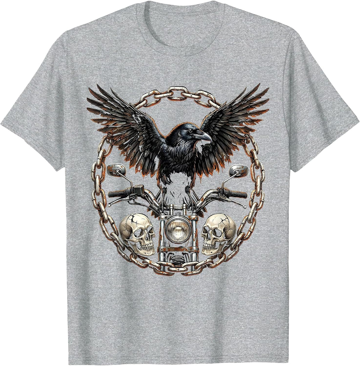 Men's Raven on Rusted Motorcycle Handlebar Biker Art T-Shirt - Heather Grey