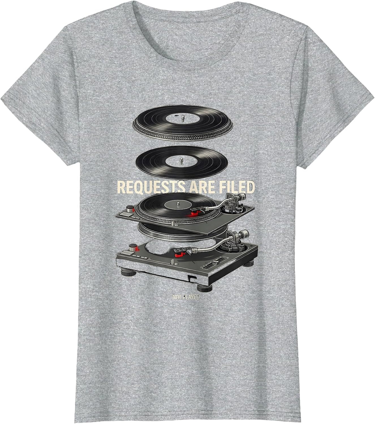 Women's Requests Are Filed, Not Played Retro Vinyl Record DJ Gift T-Shirt - Heather Grey