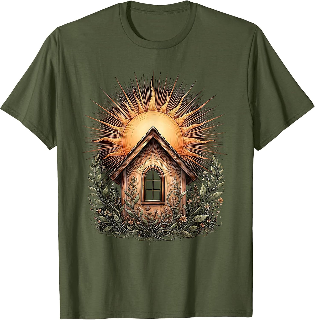 Special Education Teacher Schoolhouse Sunrise Design T-Shirt - Olive Green