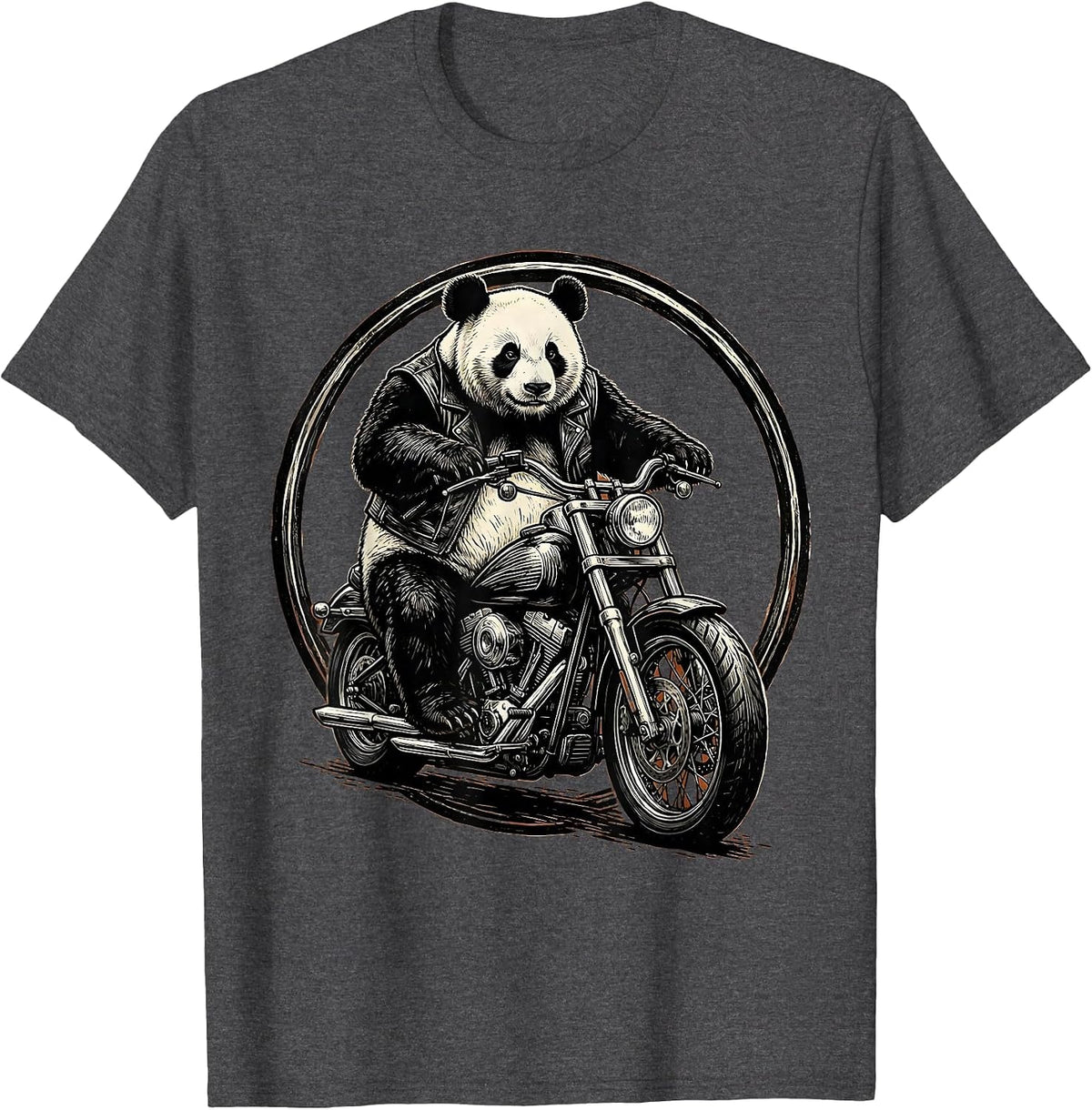 Panda Biker Riding a Chopper Motorcycle T-Shirt - Dark Heather Grey