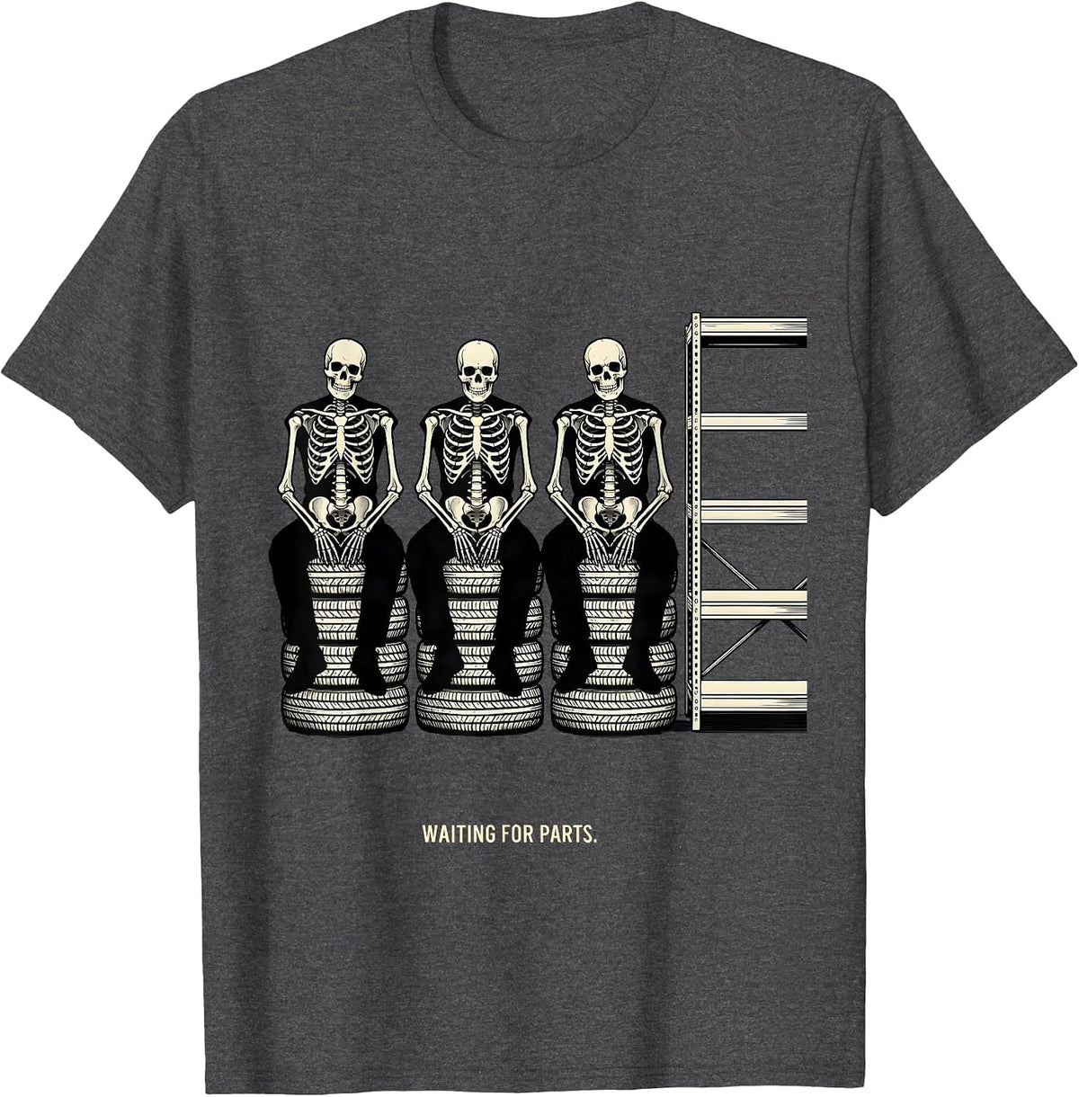 Waiting For Parts Funny Mechanic Skeleton Auto Repair Humor T-Shirt - Dark Heather Grey