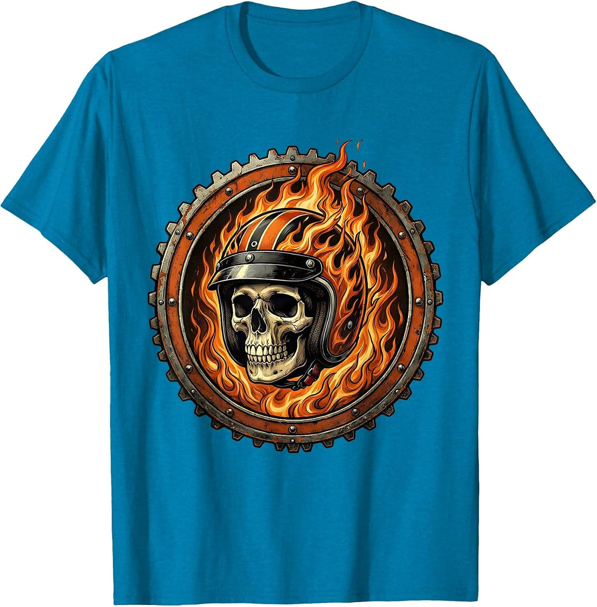 Skull Motorcycle Helmet Flames Graphic Tee T-Shirt - Sapphire Blue