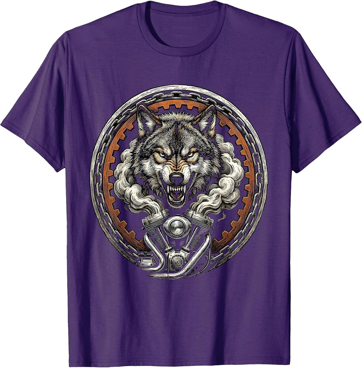 Wolf Head Motorcycle Engine Smoke Biker Graphic T-Shirt - Purple