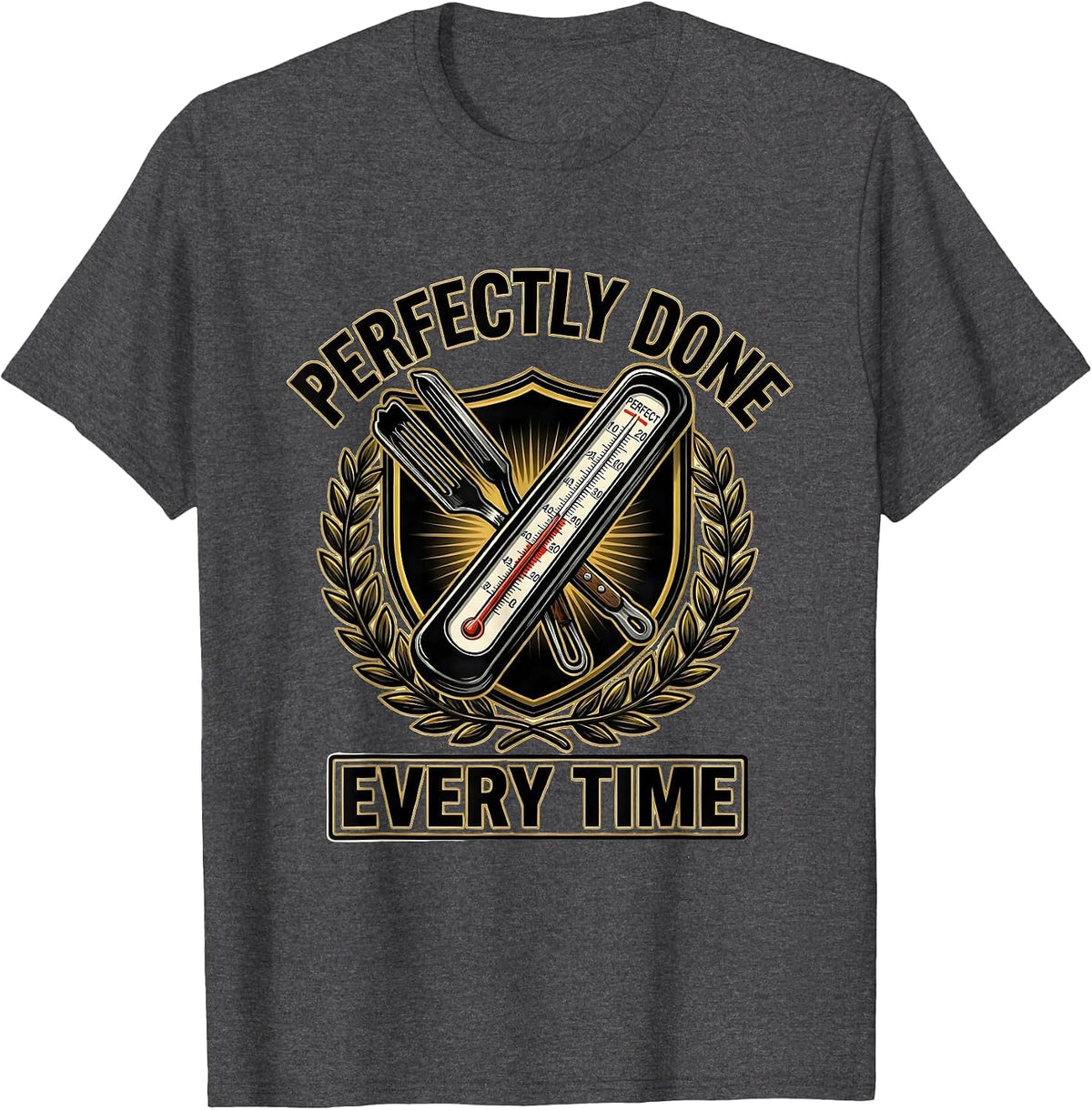 Perfectly Done Every Time Labor Day BBQ Design T-Shirt - Dark Heather Grey