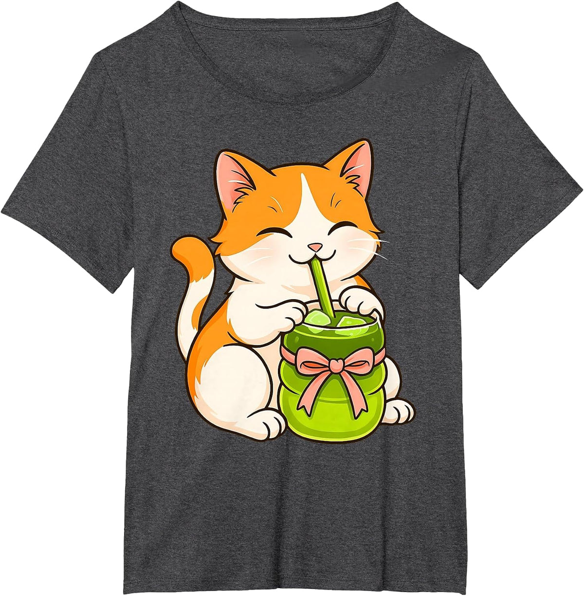 Cute Cat Drinking Matcha Japanese Tea Kawaii Cat Graphic T-Shirt - Dark Heather Grey