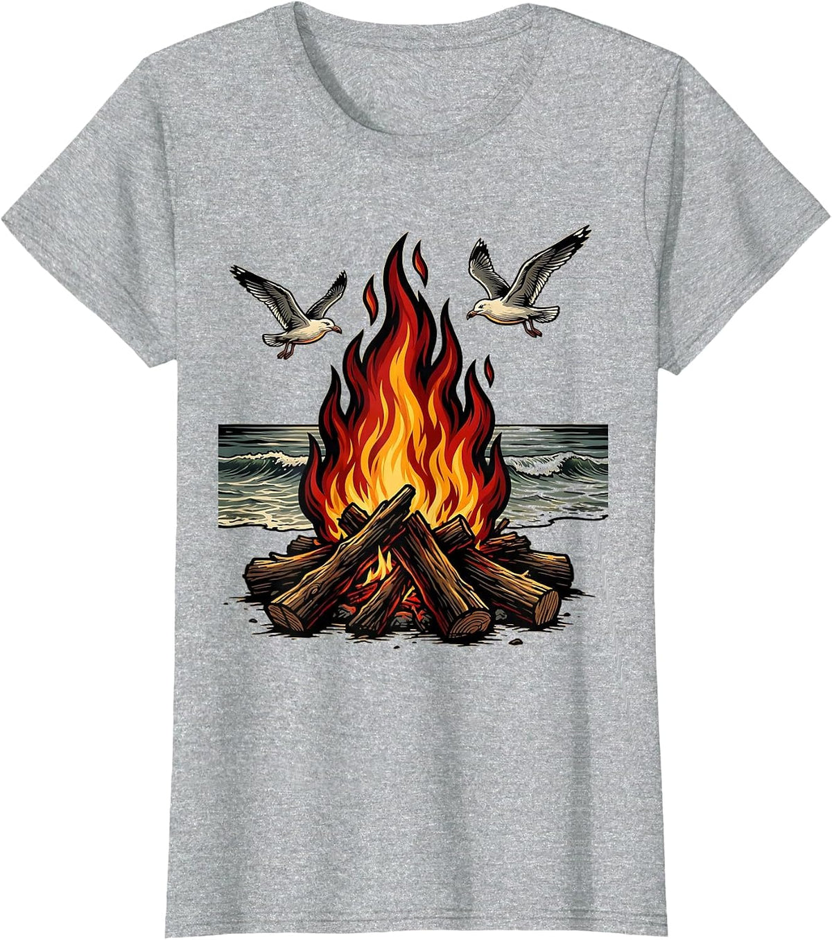 Driftwood Campfire Empty Beach Freedom Design T-Shirt - Heather Grey