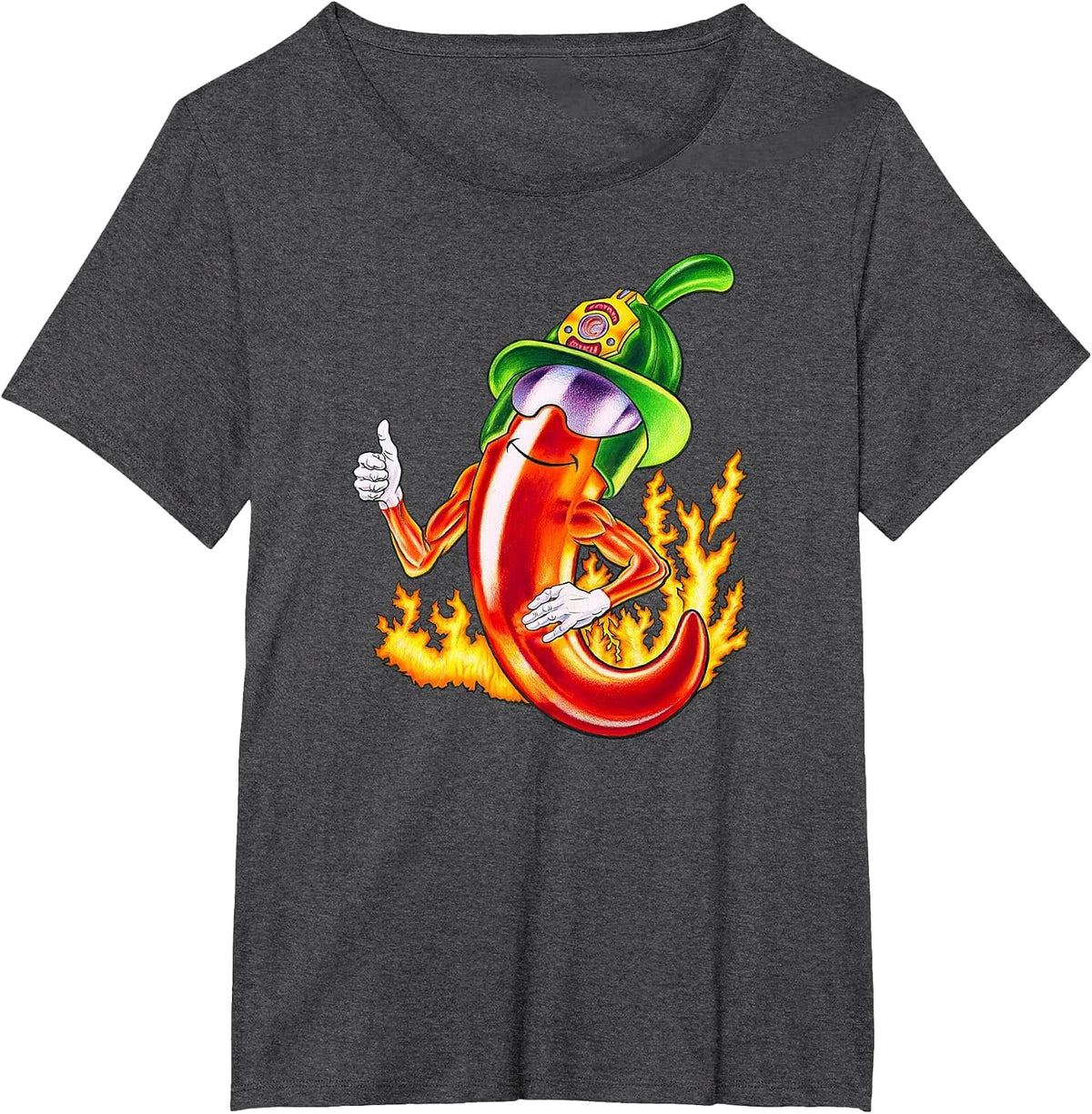 Spicy Firefighter Chili Cartoon Funny Fire Hero Drawing T-Shirt - Dark Heather Grey