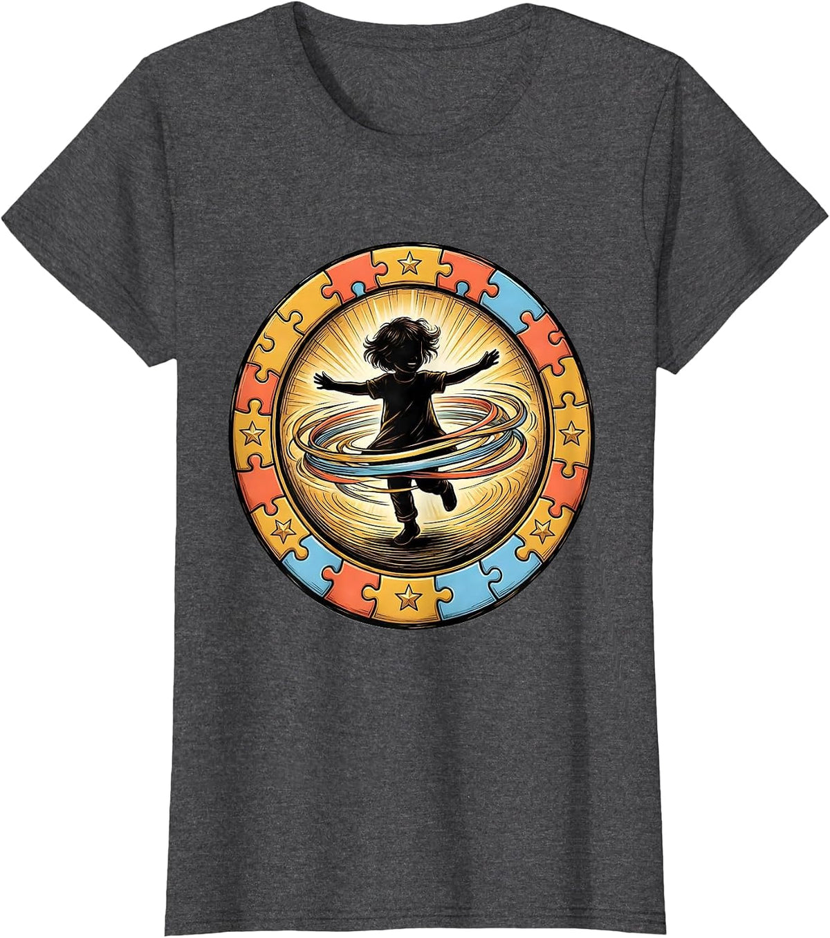 Women's Joyful Spinning Child Autism Awareness Design T-Shirt - Dark Heather Grey