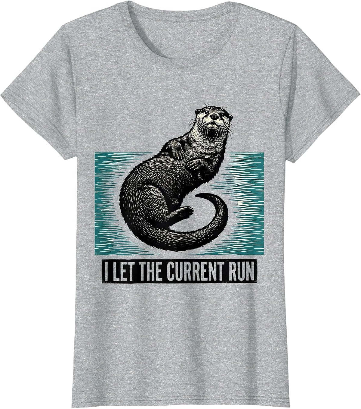 I Let The Current Run Funny Sea Otter Linocut Otter Lover T-Shirt - Heather Grey