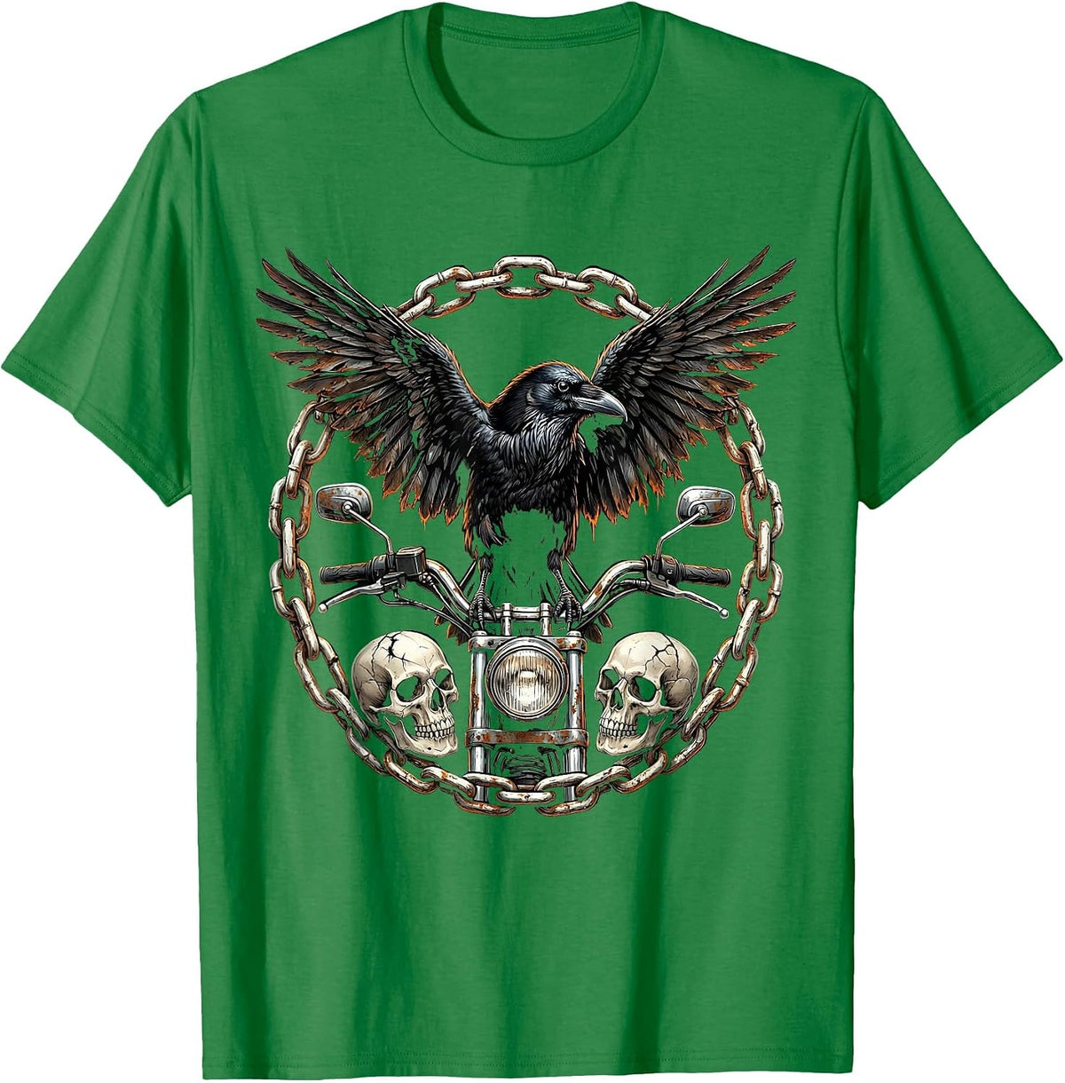 Men's Raven on Rusted Motorcycle Handlebar Biker Art T-Shirt - Kelly Green