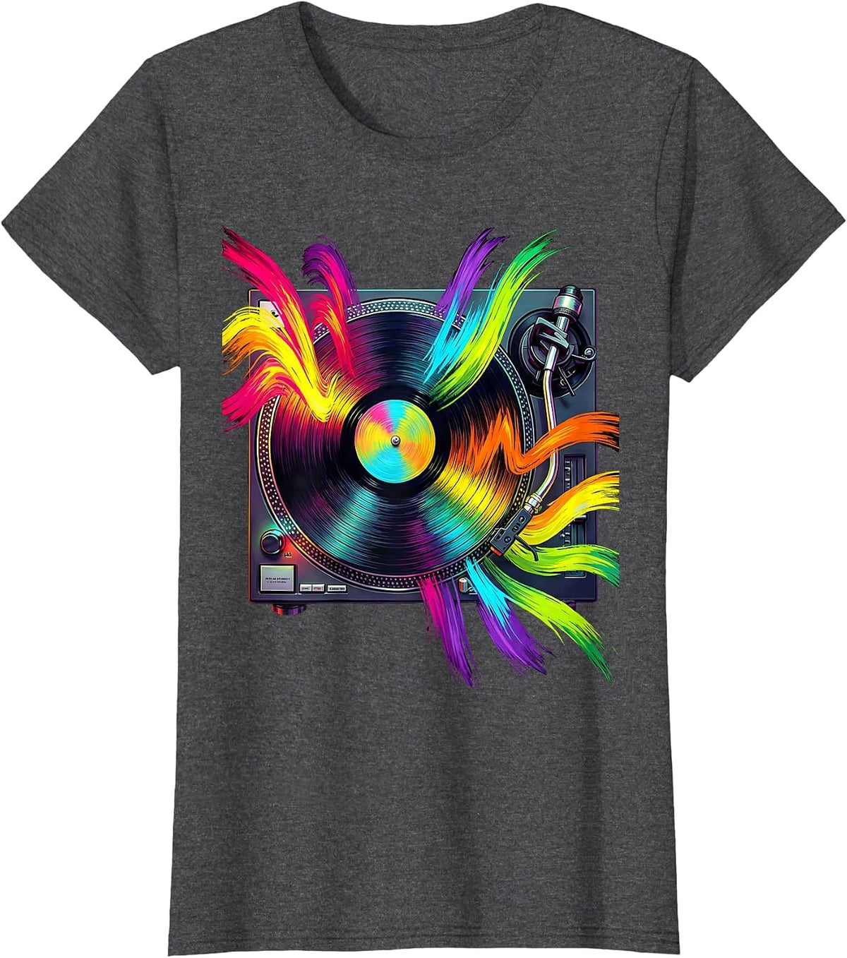 Women's Retro Turntable Exploding Sound Waves Disco T-Shirt - Dark Heather Grey