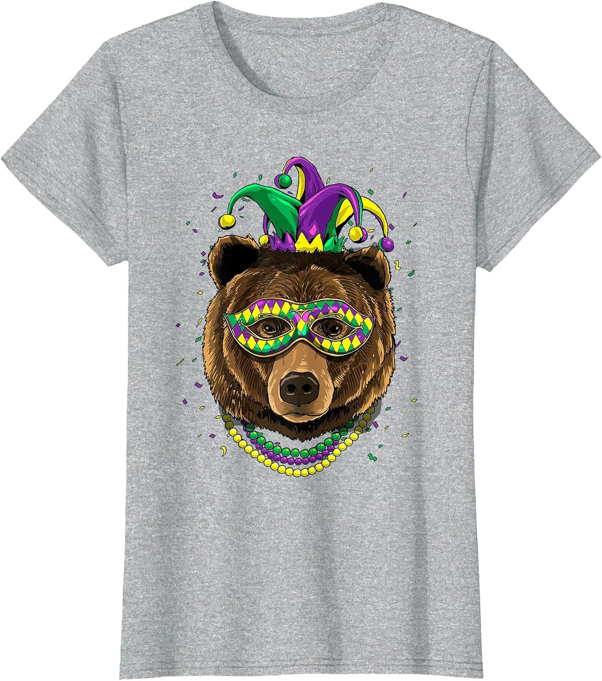 Bear Animal Lover Cute Mardi Gras Carnival Jester T-Shirt, Women, Heather Grey, X-Large - As Pictured