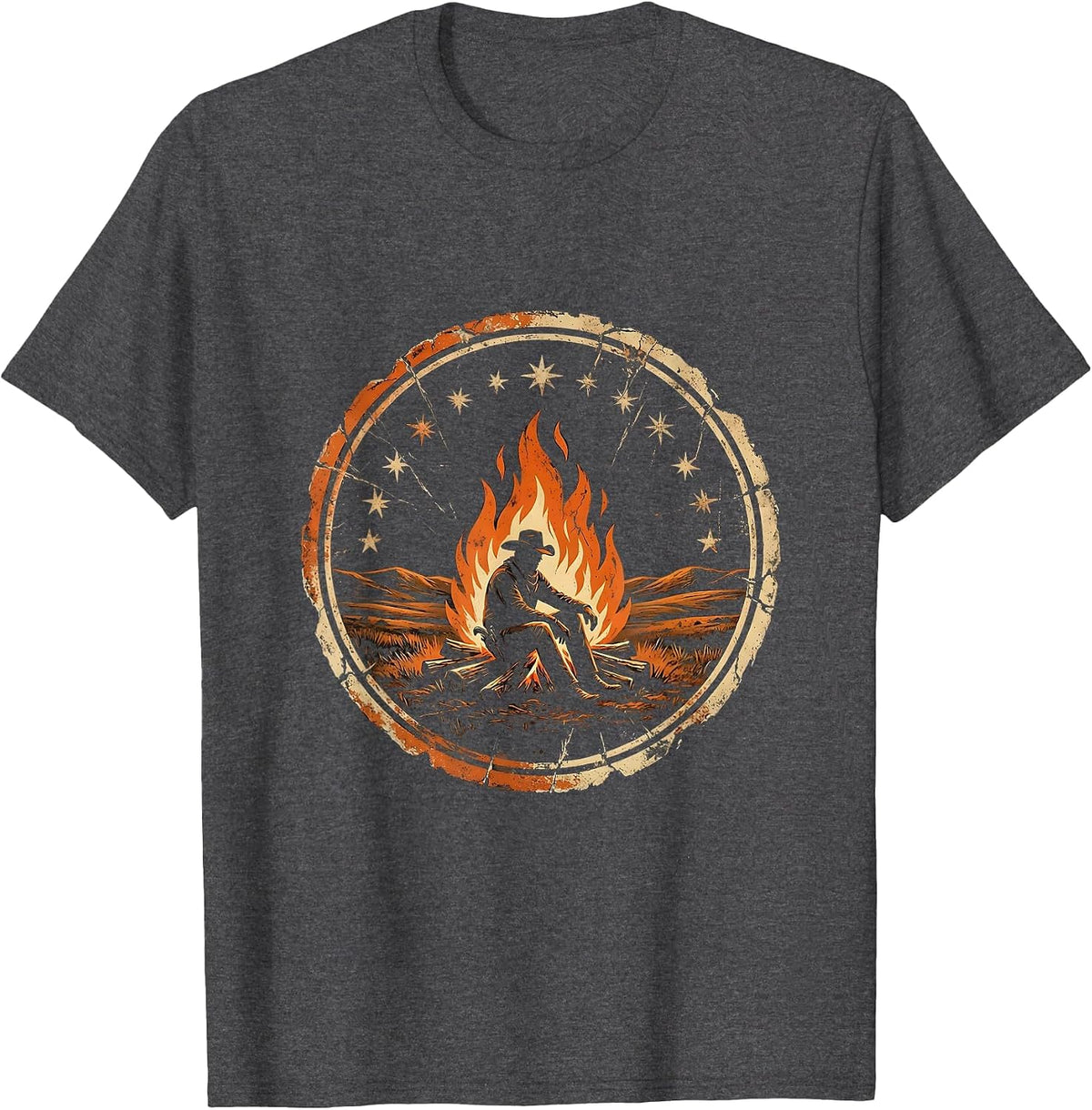 Cowboy Campfire Starry Night Sky Graphic Tee T-Shirt - Dark Heather Grey