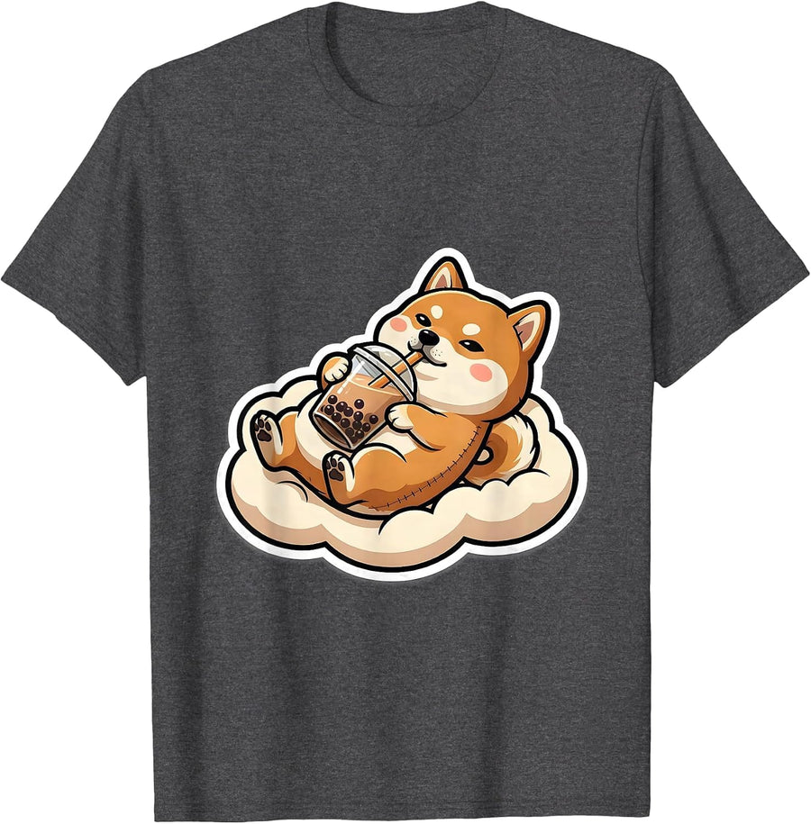 Men's Shiba Inu Boba Tea Kawaii Anime Cute Animal T-Shirt - Dark Heather Grey