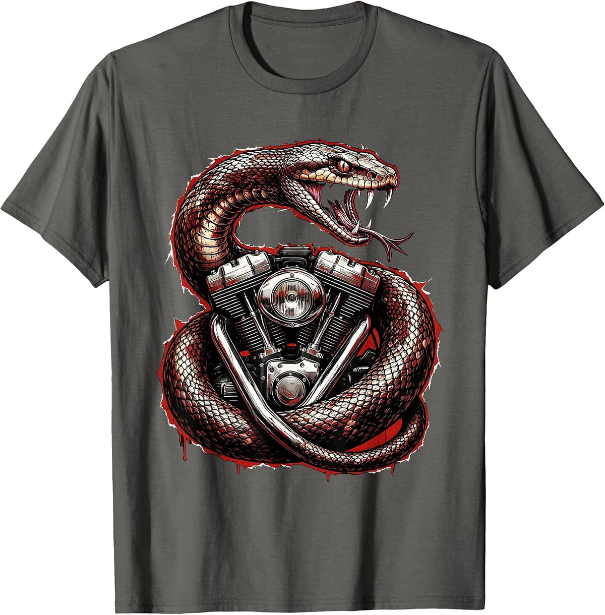 Men's Snake Coiled Vintage Motorcycle Engine Biker Art T-Shirt - Asphalt Grey