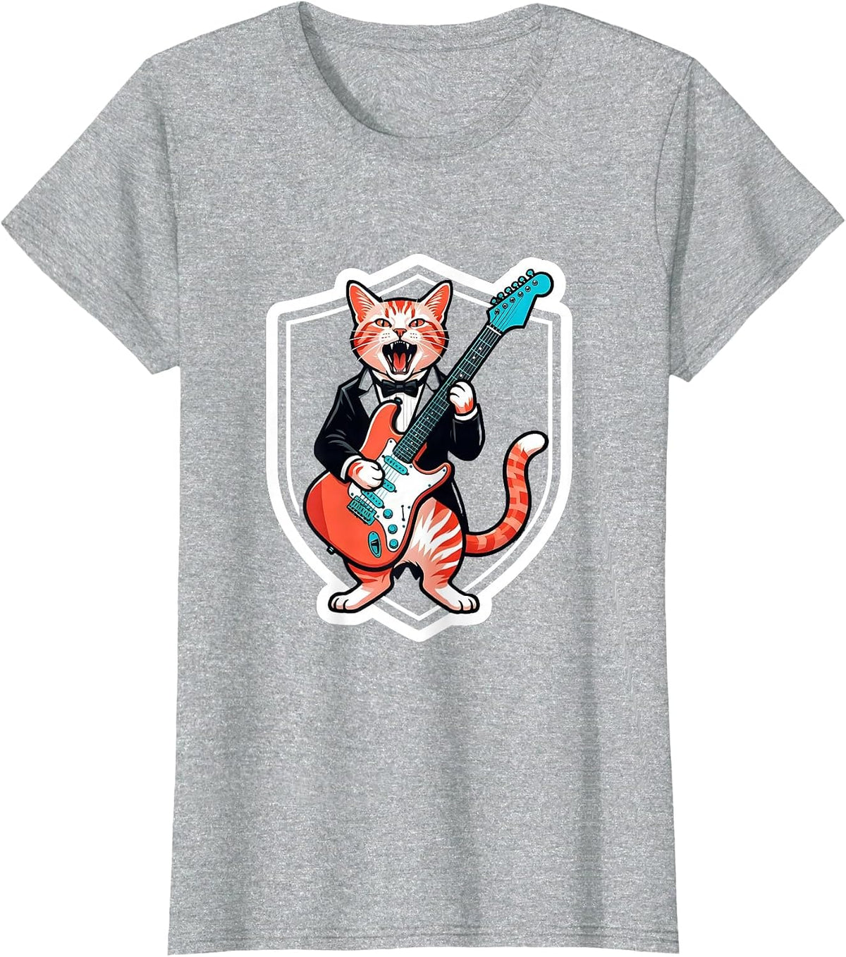 Women's Rock Guitarist Cat Sticker Style Funny Cat Lover Gift T-Shirt - Heather Grey