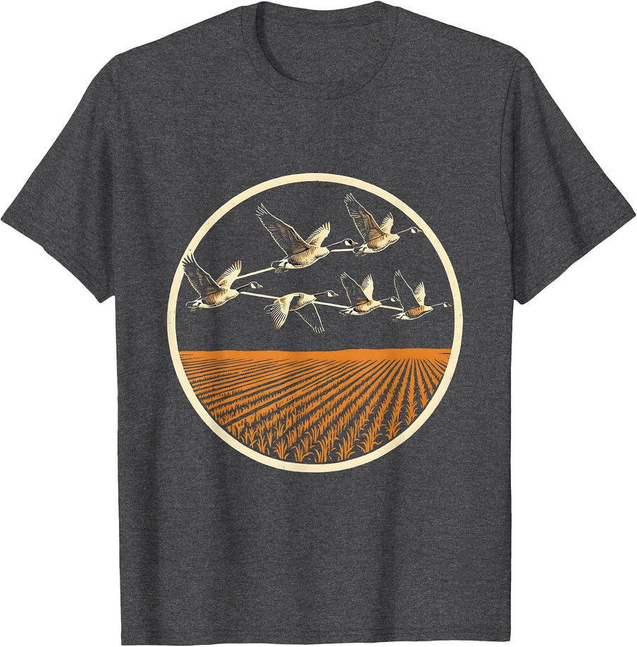 Men's Goose Flock Descending Over Harvested Cornfield T-Shirt - Dark Heather Grey