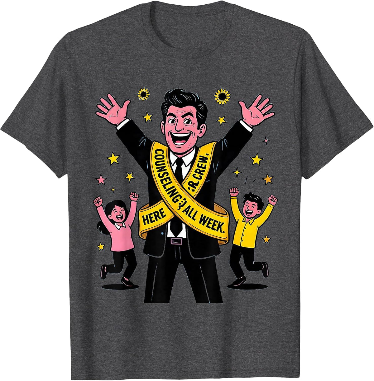 Counseling Crew Here All Week Cartoon School Counselor T-Shirt - Dark Heather Grey