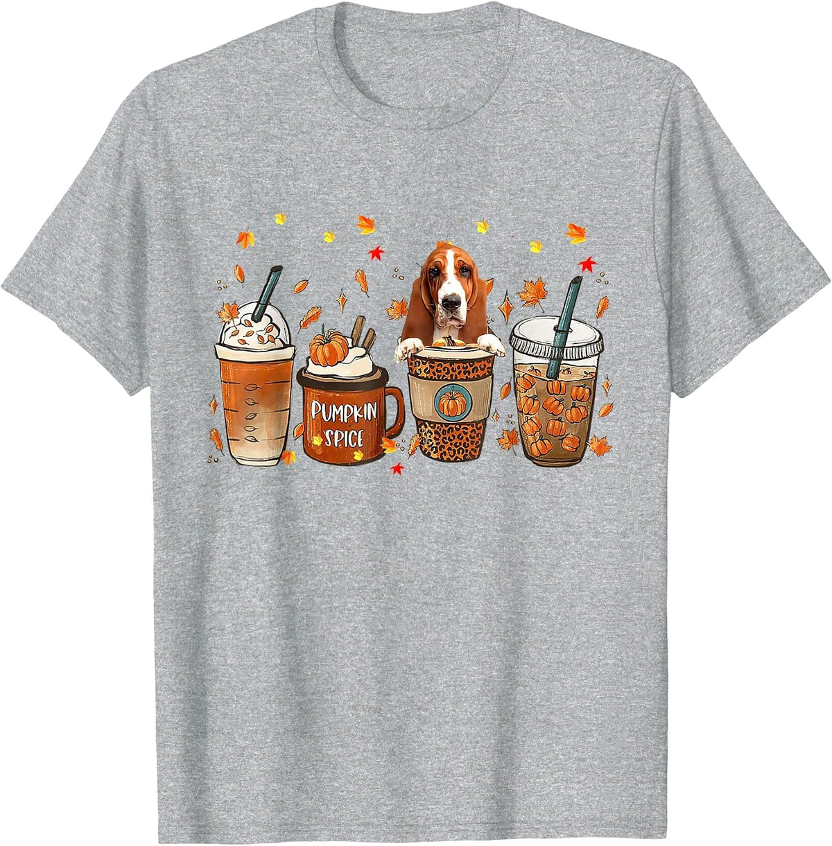 Basset Hound Fall Coffee Pumpkin Spice Latte Iced Autumn T-Shirt - Heather Grey