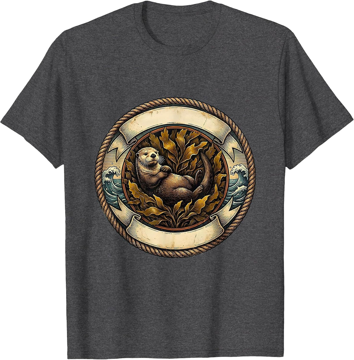 California Sea Otter Floating on Kelp Bed Design T-Shirt - Dark Heather Grey