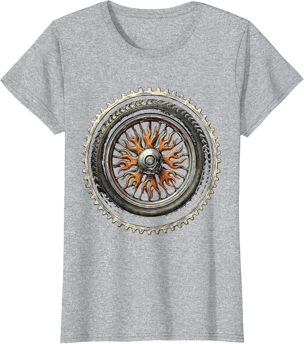 Motorcycle Wheel Fiery Spokes Graphic Tee T-Shirt - Heather Grey