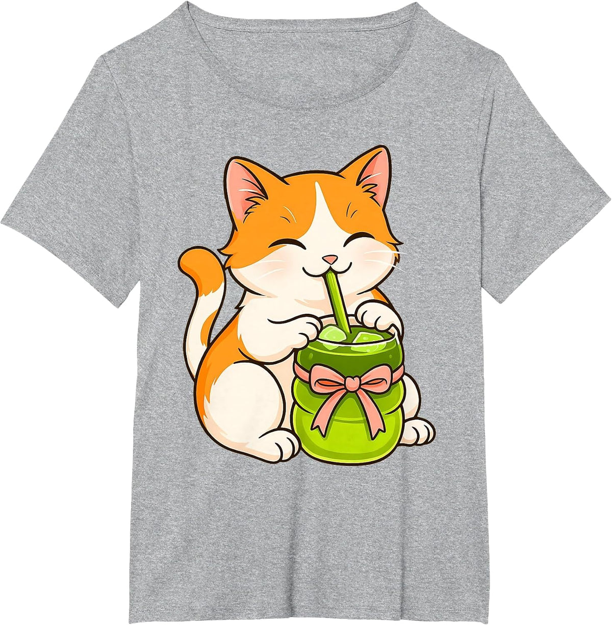 Cute Cat Drinking Matcha Japanese Tea Kawaii Cat Graphic T-Shirt - Heather Grey